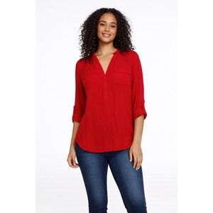 Nicole Richie Colorful Red Blouse Roll Tab Sleeve Women's Medium
